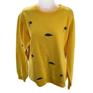 Sandrine Rose Yellow Palm Tree‎ Embroidered Crewneck Sweatshirt Medium NEW